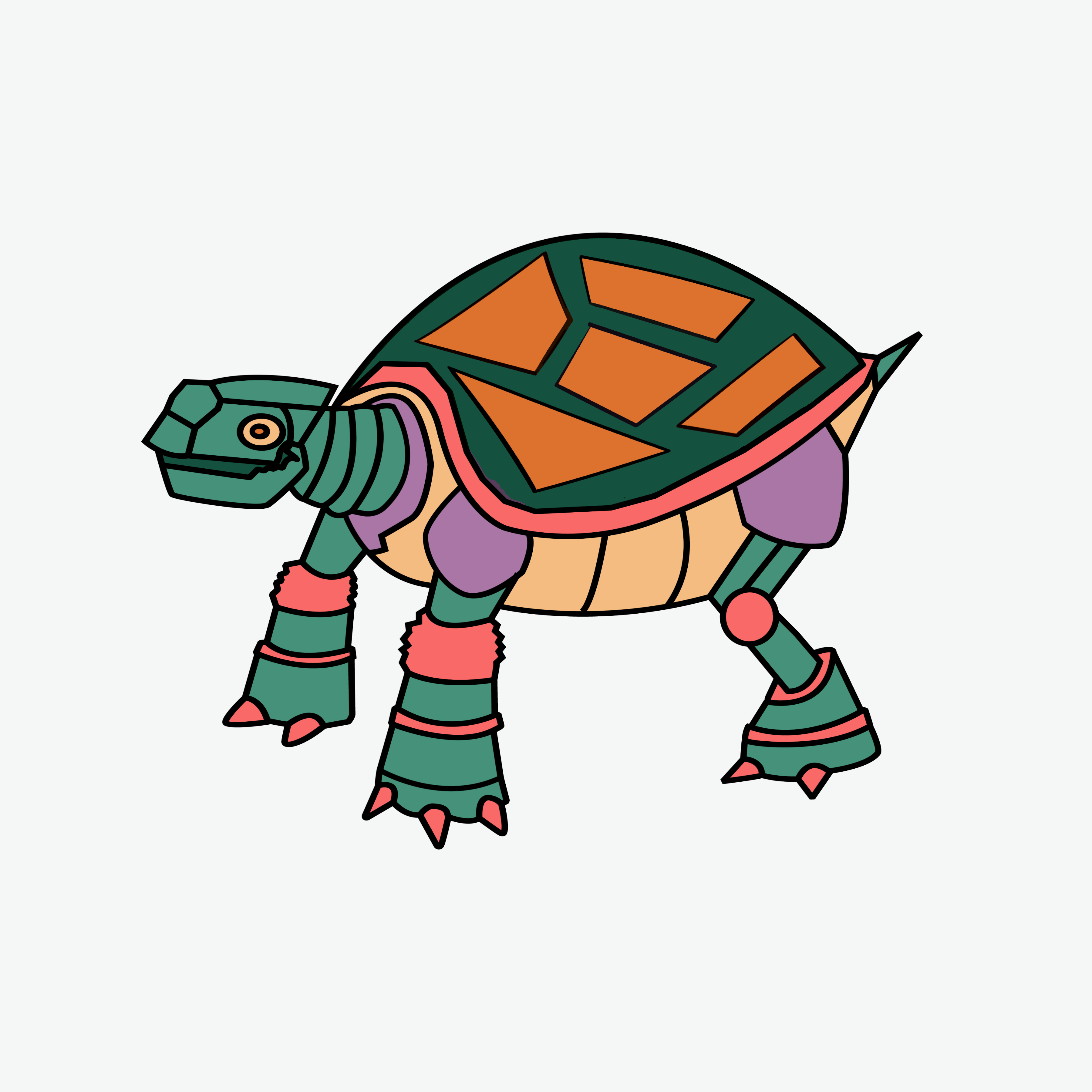A colorful illustration of a robotic turtle with a mosaic shell.